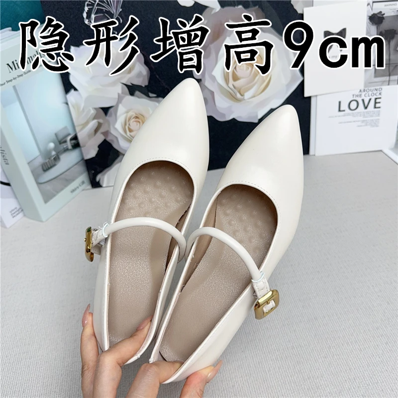 小个子9cm尖头高跟鞋女法式内增高一字带玛丽珍鞋小码3233单鞋子