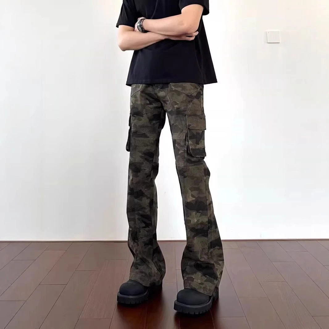 美式复古迷彩牛仔裤男女夏季美式工装裤子高个子加长直筒微喇裤子