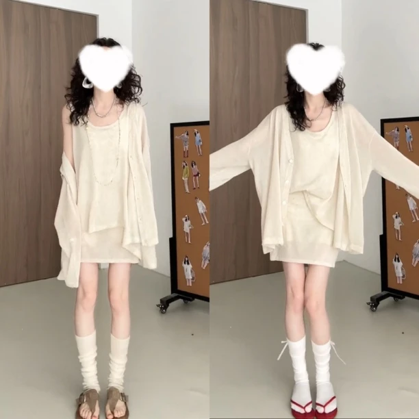 2025时尚新款薄款慵懒风通勤宽松休闲纯色背心开衫短裤三件套套装