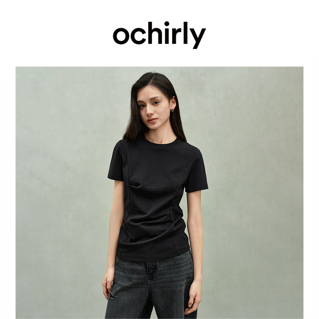 OCHIRLY欧时力 进口重磅纯棉短袖t恤女上衣设计感2025春季新品