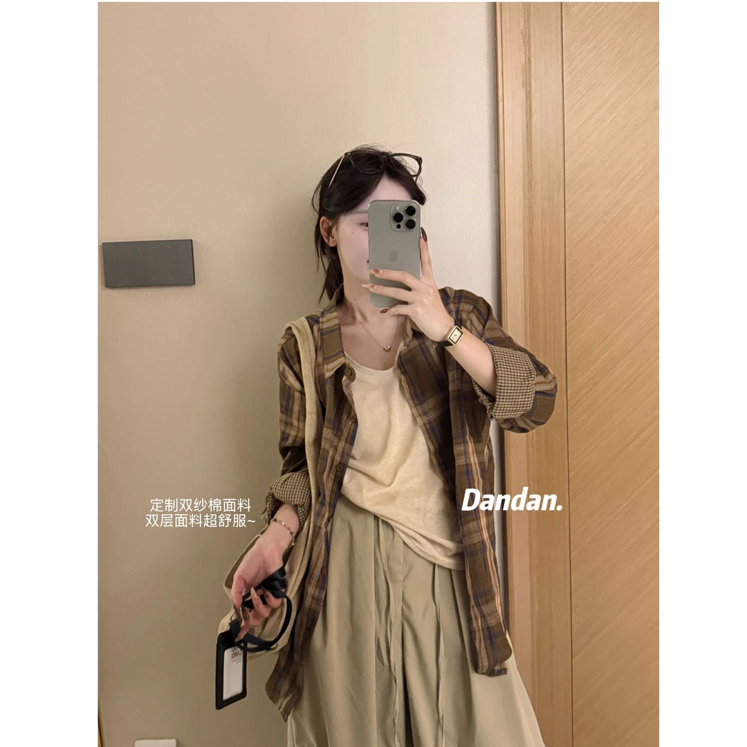韩系~AB面双层韩版格子衬衫!早秋慵懒宽松显瘦衬衣薄外套女百搭