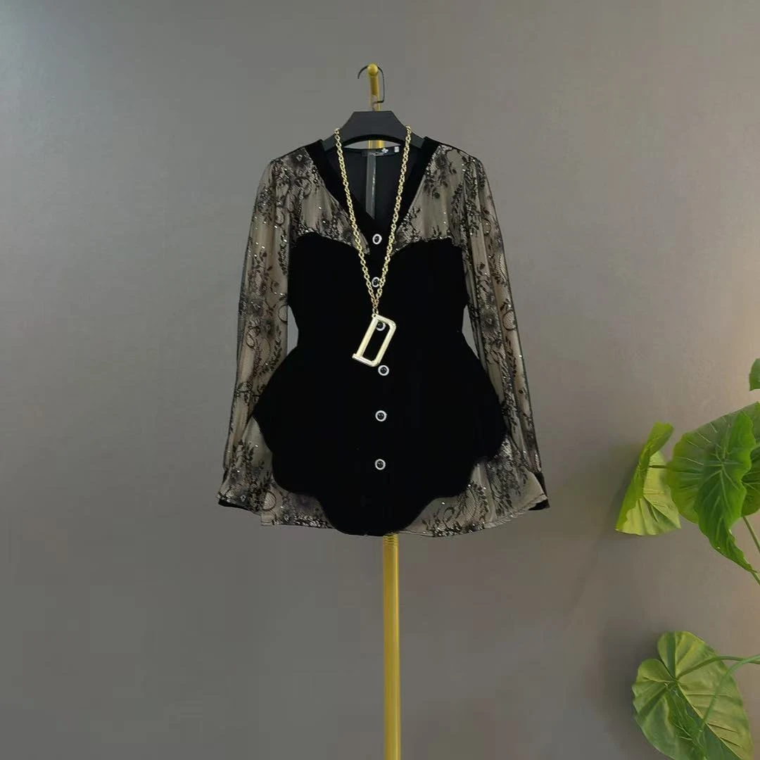 春秋款拼接丝绒法式温柔风假两件印花欧洲站重工轻奢打底丝绒衫