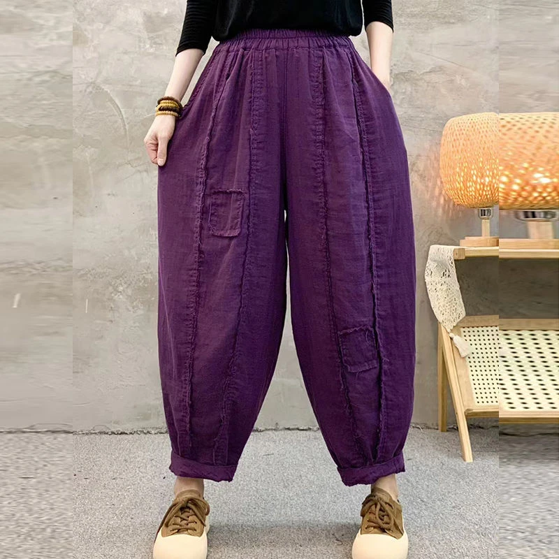 2025秋装休闲新款休闲裤宽松松紧哈伦灯笼裤文艺复古百搭九分裤女