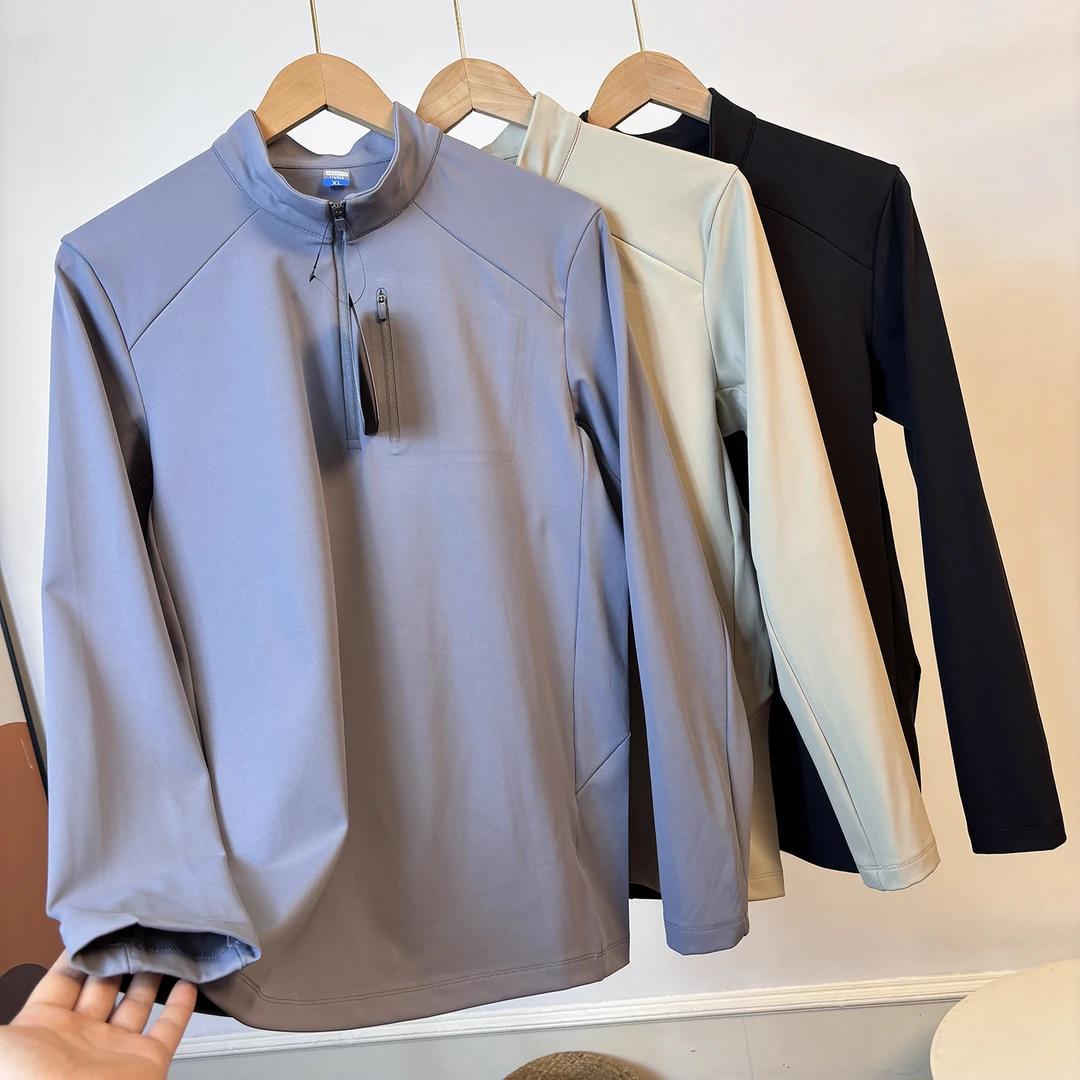 立体裁剪 半拉链立领男士秋季内里磨毛透气弹力运动休闲长袖T恤