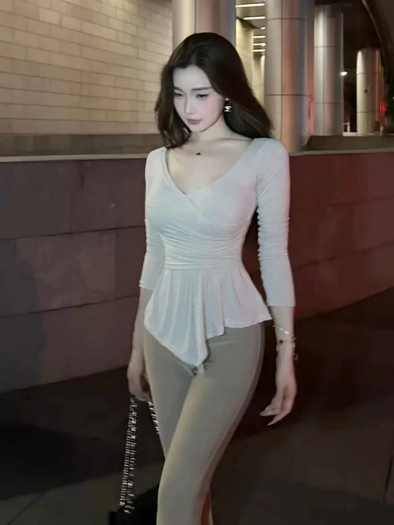 HeXia纯欲风长袖纯欲显瘦法式上衣名媛法式开叉性感