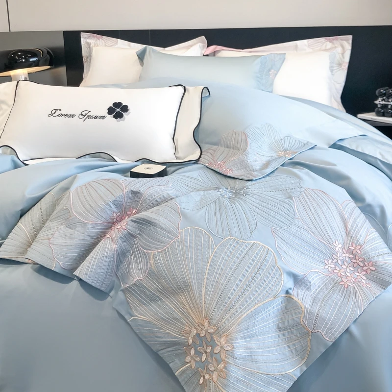 水星家纺轻奢简约100%全棉四件套纯棉被罩刺绣被套高级感联名水星