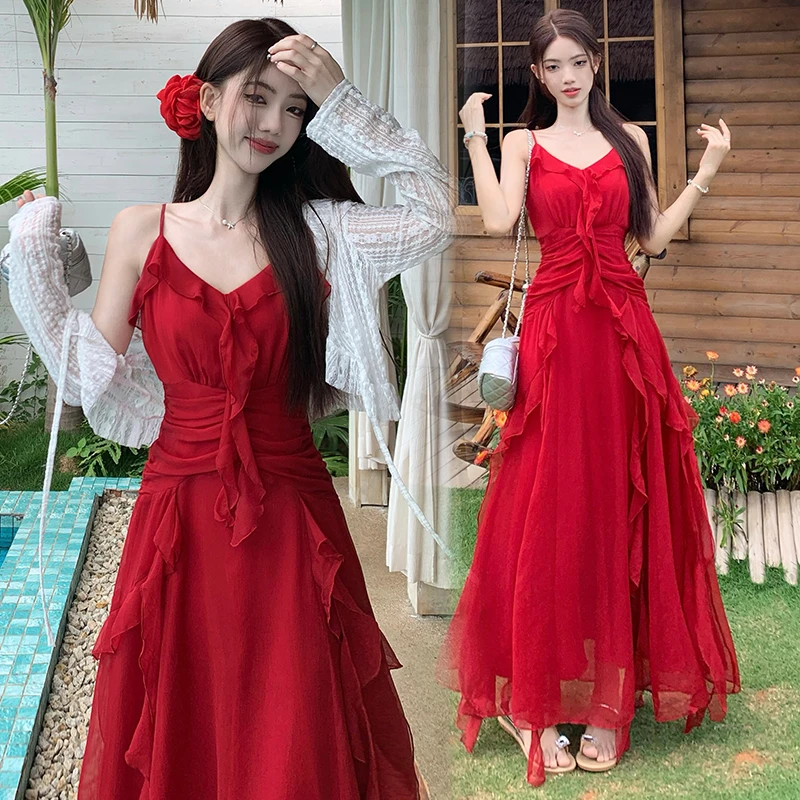 MO88ZSPF法式复古大码连衣裙红色长裙订婚裙礼服裙收腰显瘦荷叶裙