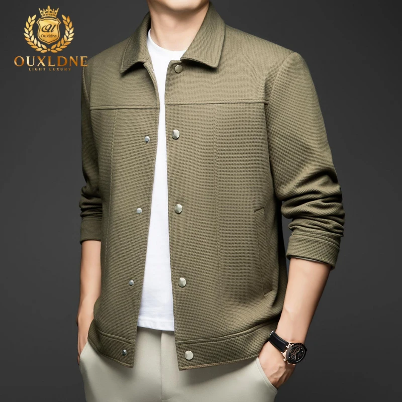 OUXLDNE 华夫格针织夹克男春秋新款翻领按扣工装通勤百搭夹棉外套