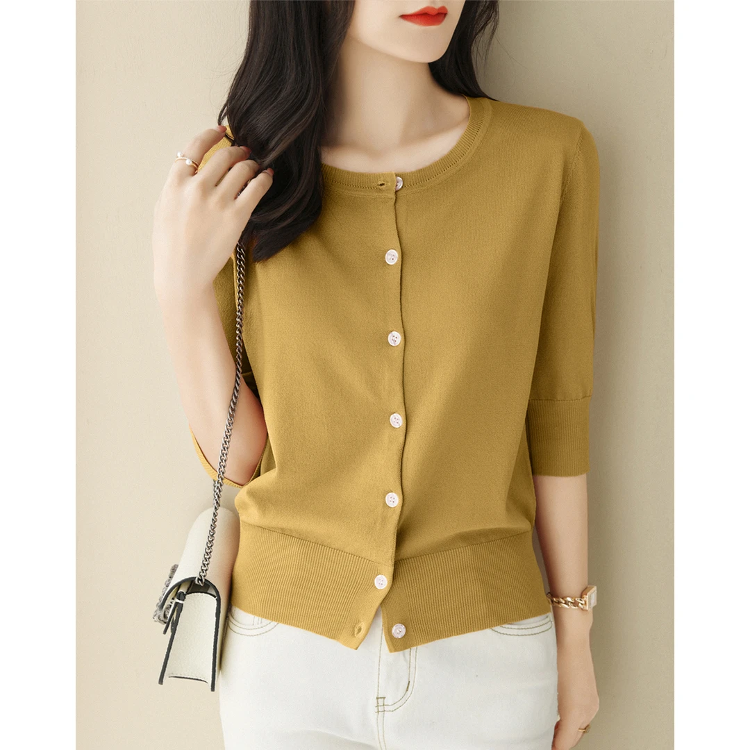 2025年百搭五分袖宽松单排扣上衣女装夏季新款圆领显瘦针织开衫