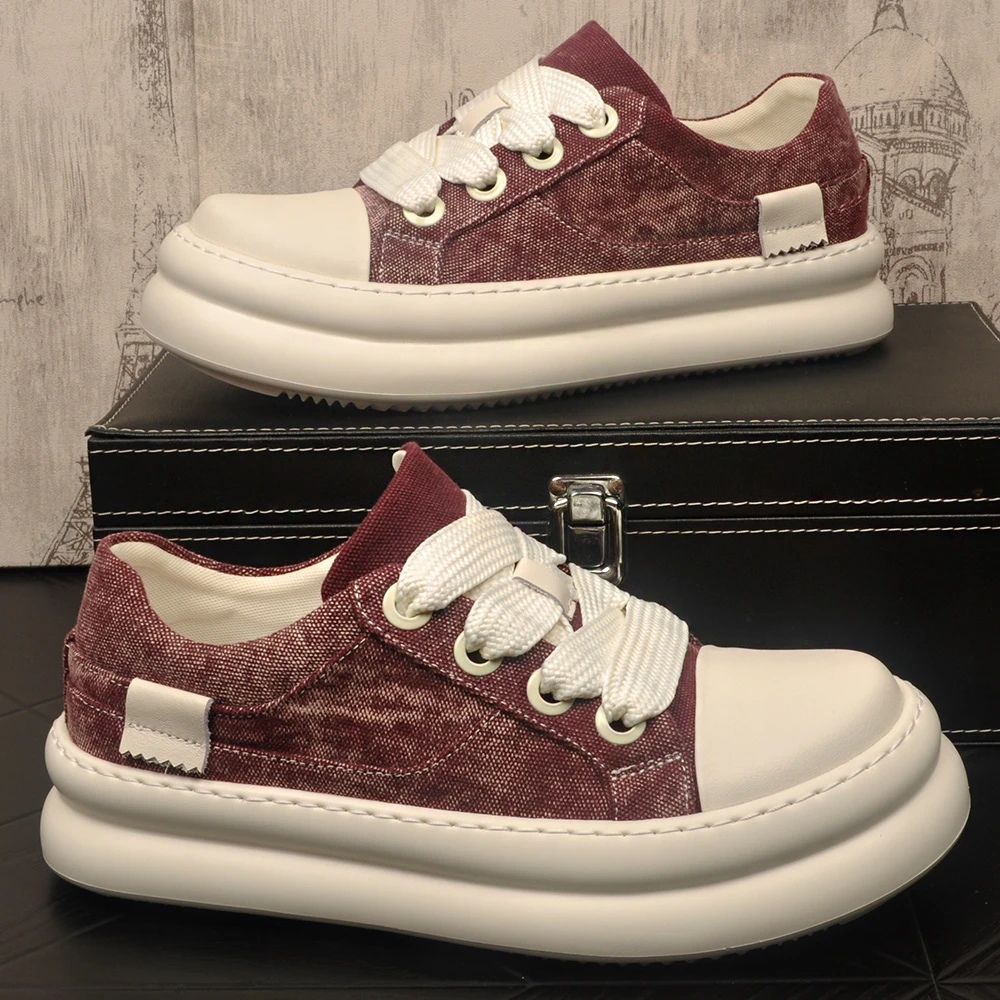 新款个性拼色时尚休闲潮鞋小众低帮厚底帆布鞋透气韩版运动男鞋子