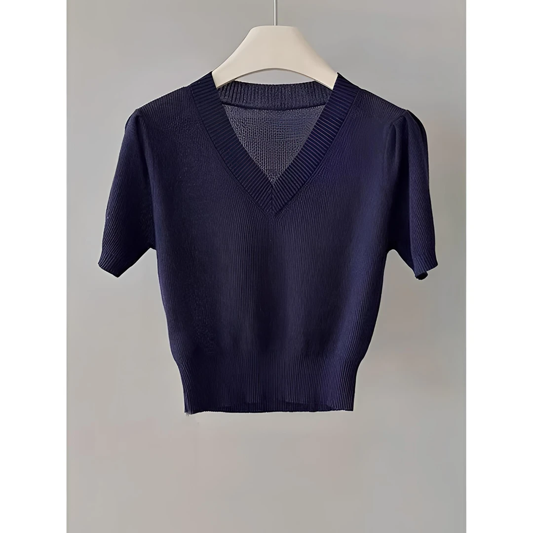 CHAO推荐！高端爆款~藏蓝色v领短袖针织衫女2025新款漂亮百搭上衣