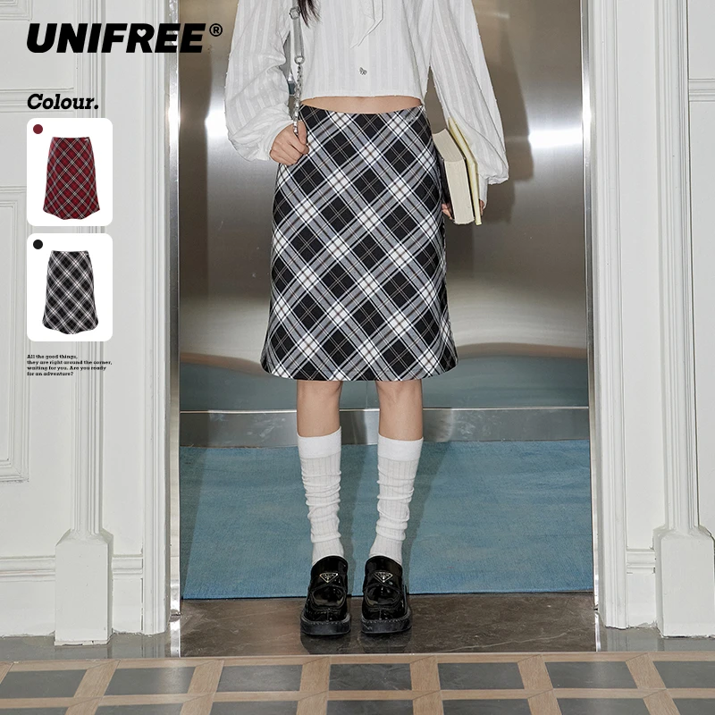 unifree格纹伯克利半裙女美式复古学院风高腰显瘦包臀鱼尾裙短裙