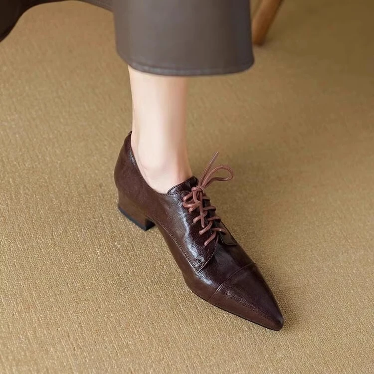 真皮法式复古深口小皮鞋女2025秋新款英伦风粗跟尖头百搭系带单鞋