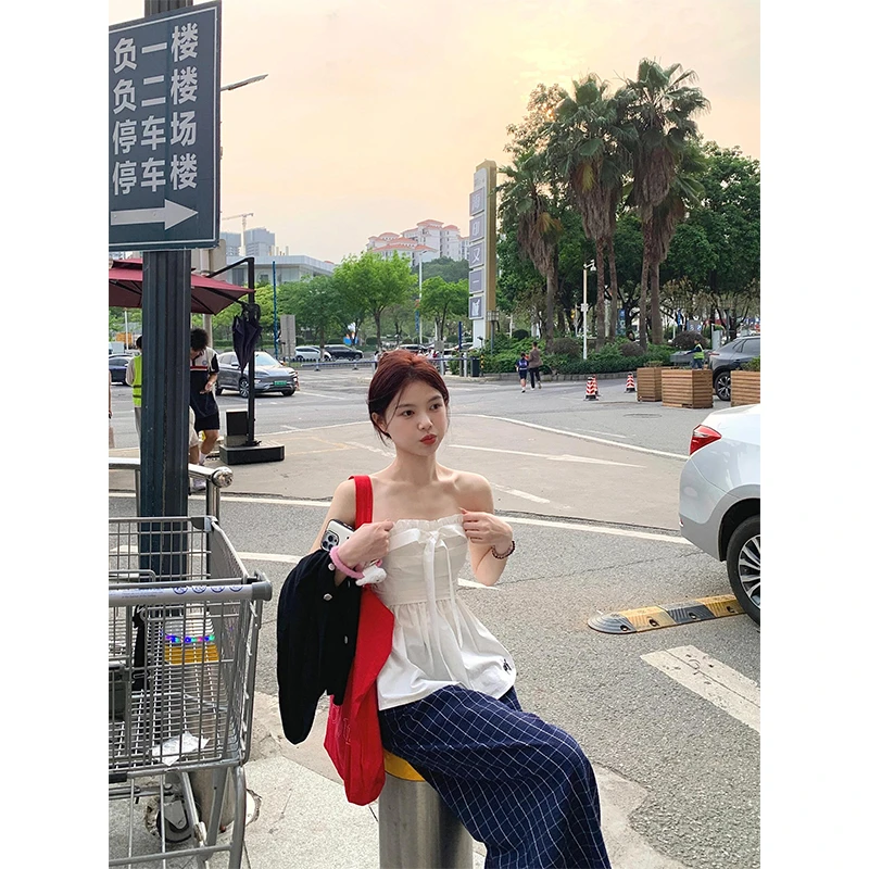 洋气休闲装抹胸吊带独特漂亮小衫女收腰花边上衣格子休闲阔腿裤