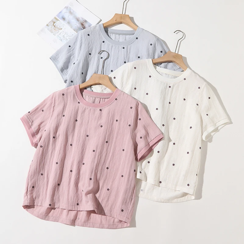 烂漫星辰！夏季新款亚麻短袖卫衣休闲舒适透气减龄遮肉薄T恤#88919