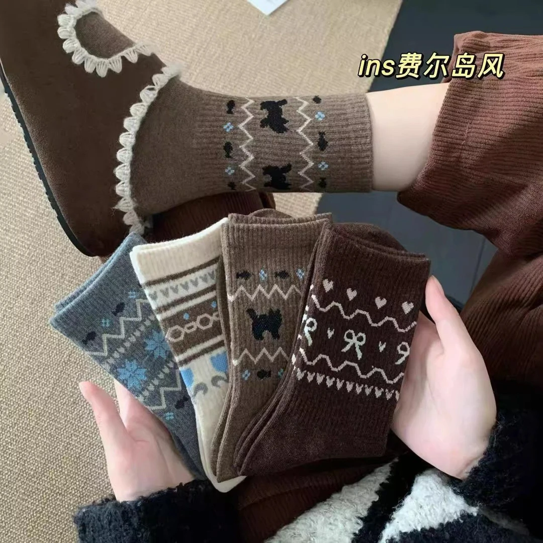 袜子女民族风费尔岛秋冬中长筒复古日系ins学生潮流长袜显瘦百搭