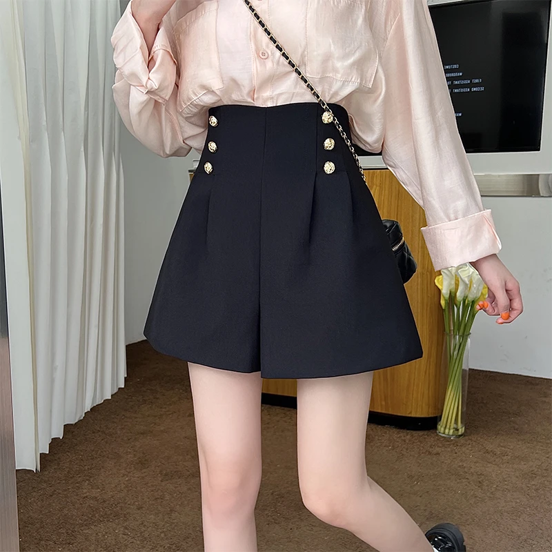 大码黑色西装短裤女春夏高腰显瘦a字阔腿裤梨形身材遮肚休闲热裤