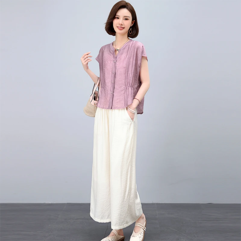 天丝休闲套装女夏季2025新款妈妈时尚高端宽松显瘦阔腿裤子两件套