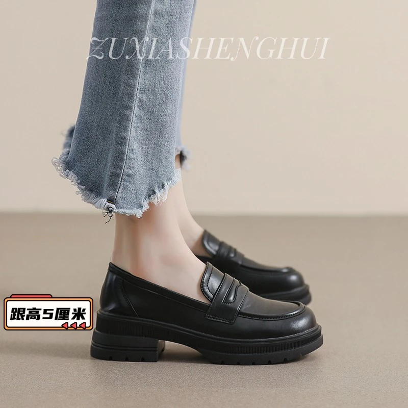 厚底5cm乐福鞋秋新款英伦小皮鞋女面试银行上班黑色工作粗跟单鞋
