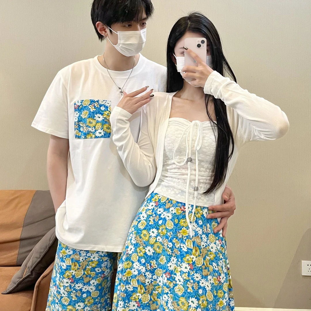 情侣装海边度假风套装抽绳抹胸背心碎花半身裙男女时尚套装潮