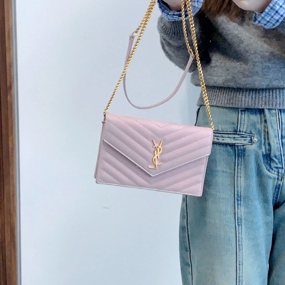 95新 YSL/圣罗兰 ysl 香芋粉信封斜挎包