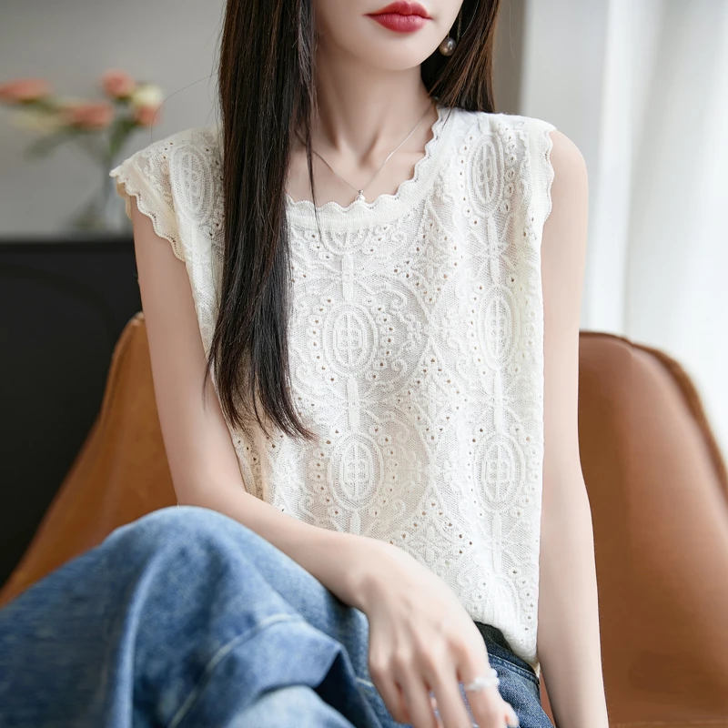 夏季透气针织背心气质蕾丝镂空无袖背心时尚百搭通勤外穿精纺圆领