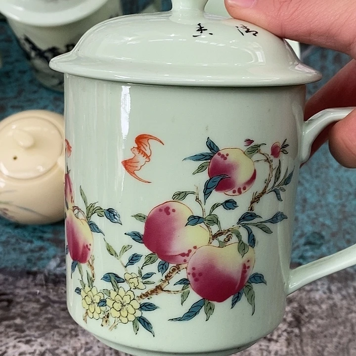 摆件陶绿稀土寿桃办公杯