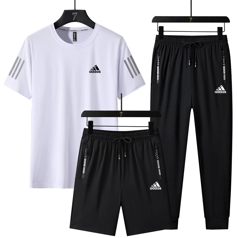 冰丝运动套装男夏季速干短袖t恤短裤长裤透气薄款跑步健身三件套