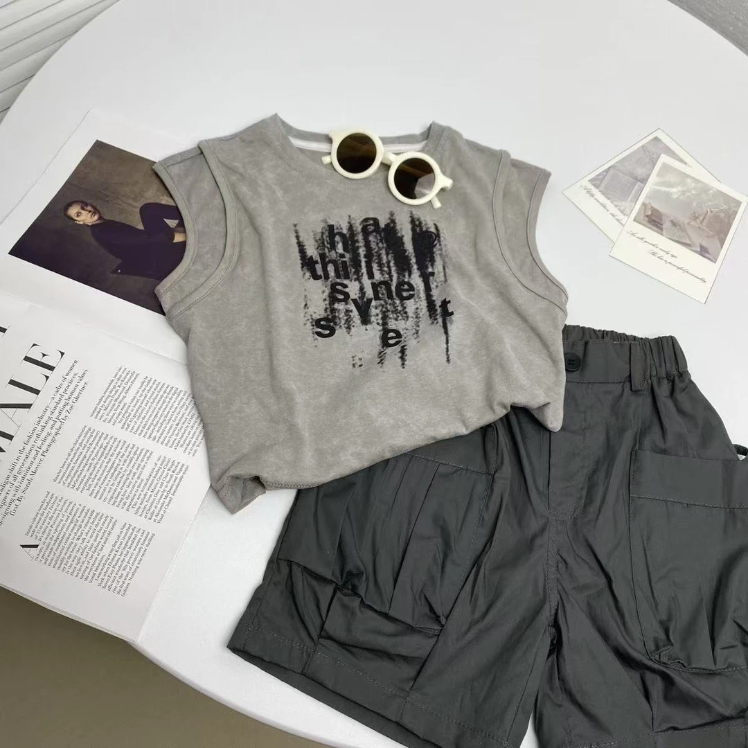 男童套装夏季新款薄款时尚韩系灰色扎染背心夏天工装短裤儿童短袖