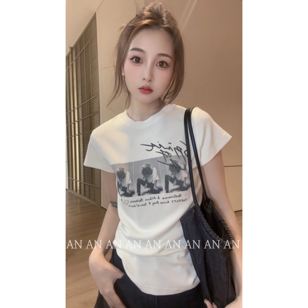 C08050韩系宽松个性显瘦人物印花字母正肩短袖T恤