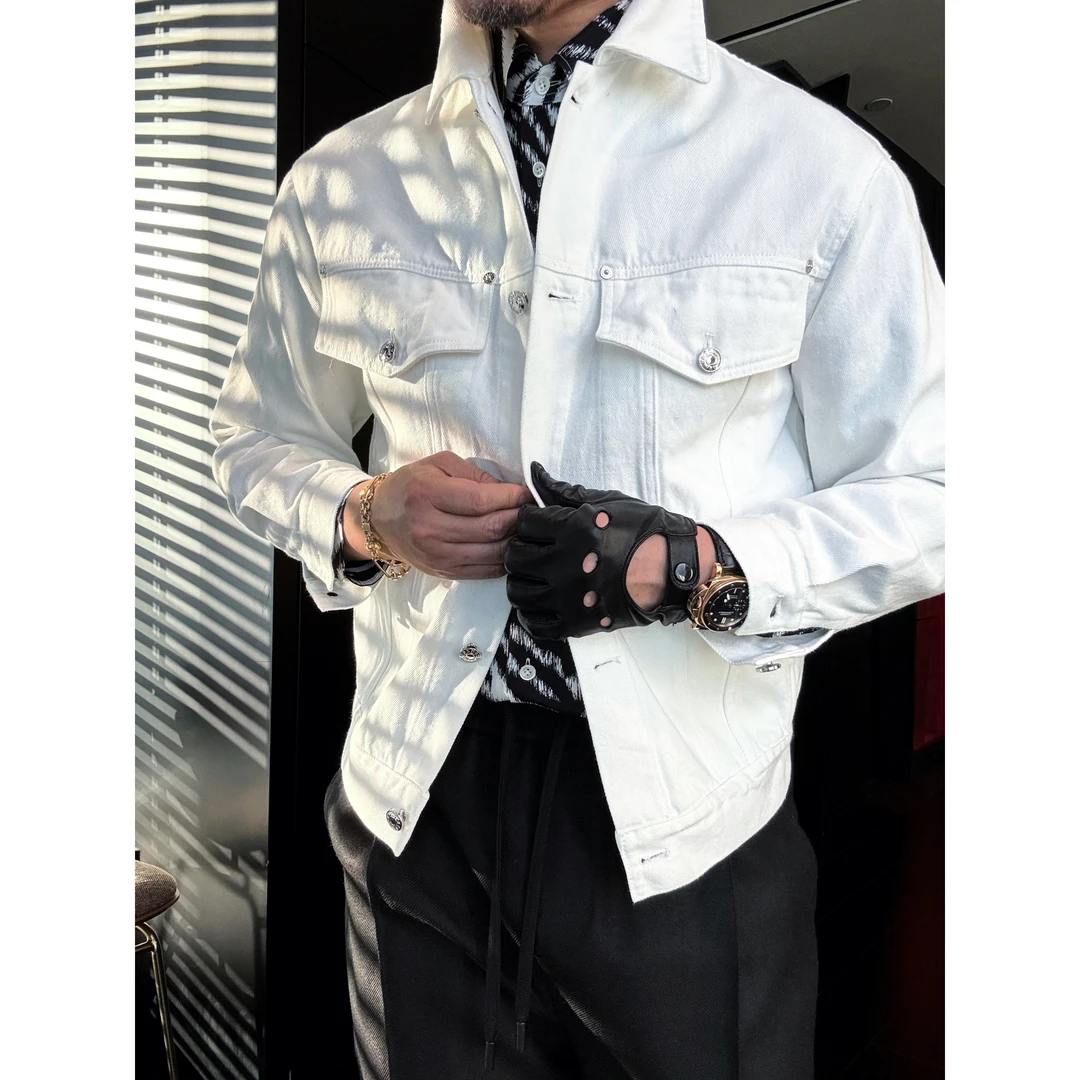 DRUNKCORNER 白色翻领水洗牛仔夹克后中调节袢男士春季短款