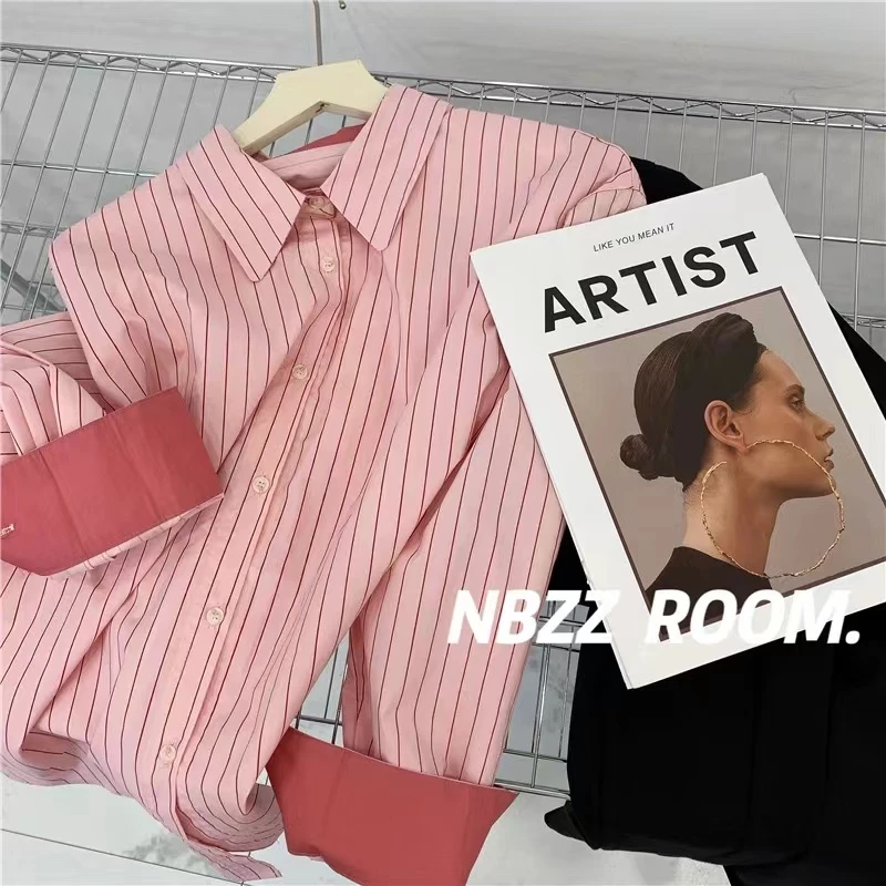 【糖果甜心】陈思思2025春季新款糖果系手袖拼接撞色条纹百搭衬衣