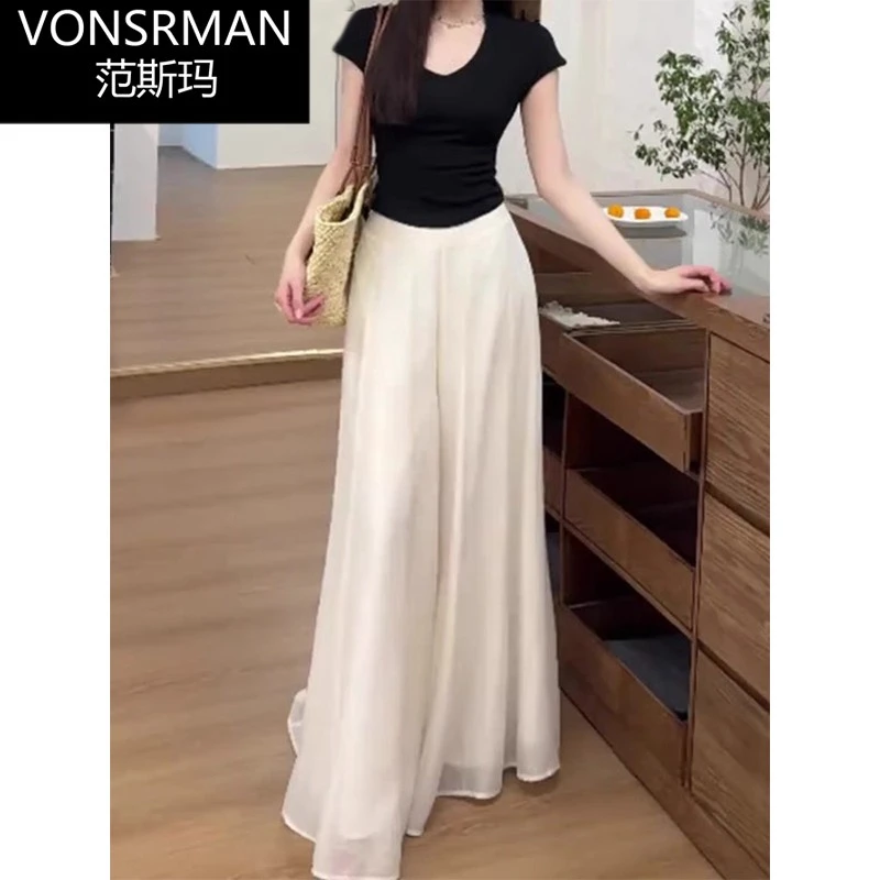 白色冰丝裙裤女2025夏季新款小个子高腰垂感仙气高级感休闲阔腿裤