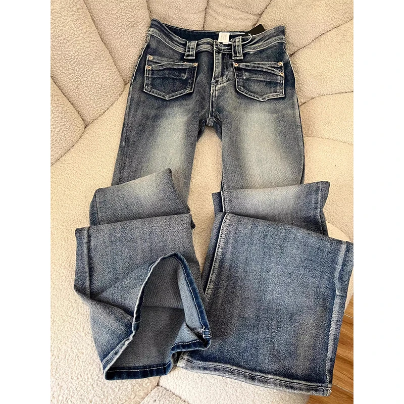 美式复古蓝微喇牛仔裤女春夏新款设计感高腰弹力显瘦小个子马蹄裤