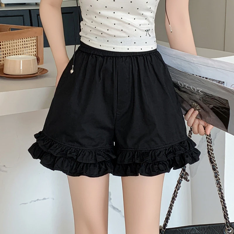 韩系木耳边阔腿休闲裤女2025夏季新款少女感松紧高腰显瘦短裤女