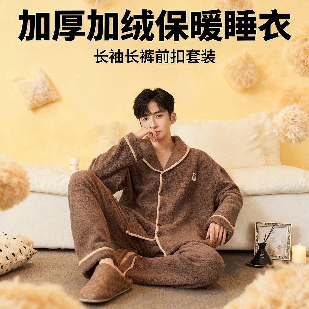 秋冬季睡衣男款2025年新款半边绒珊瑚绒加厚加绒可外穿家居服套装