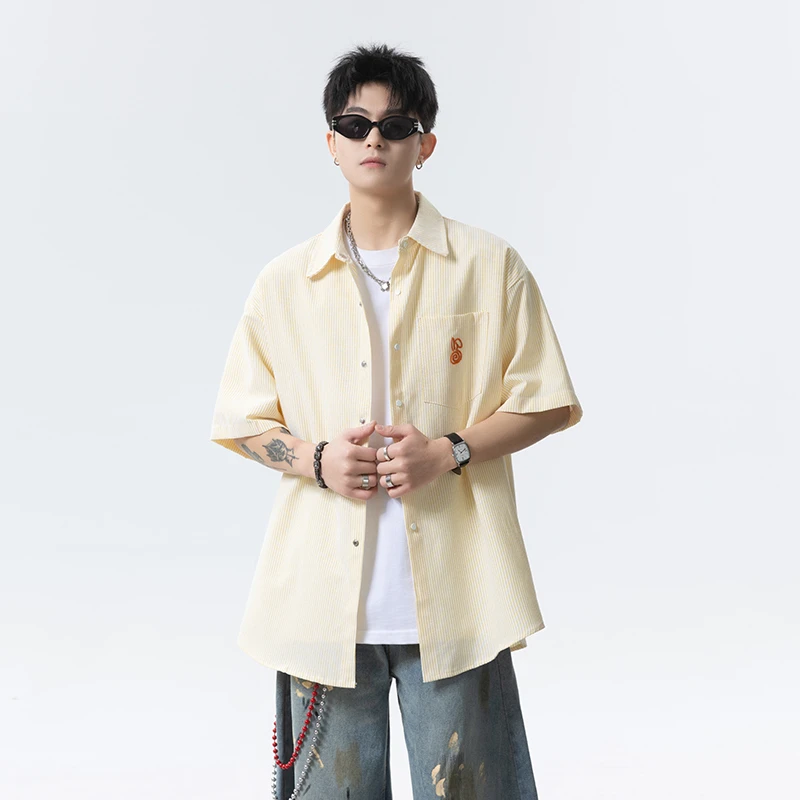 【明星同款】美式条纹刺绣衬衫男短袖夏季宽松五分袖宽松衬衣外套