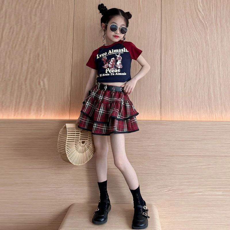 女童格子套装2025新款夏季中大童洋气韩系印花短袖百褶裙两件套潮
