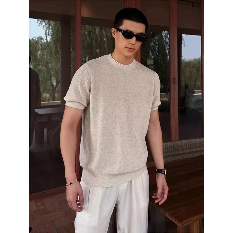 卡其色老钱风穿搭短袖男款夏季松弛感透气圆领t恤休闲半袖针织衫