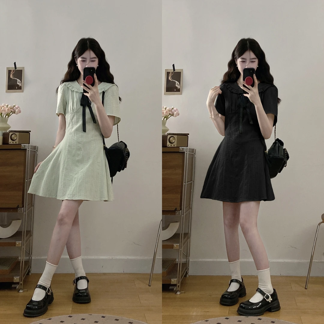 乐乐推荐丨甜美风梨形身材娃娃领连衣裙夏蝴蝶结收腰显瘦长裙