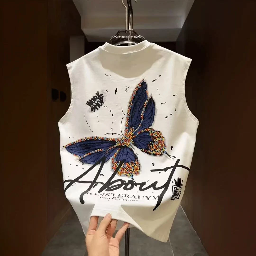 2025夏季新款男士潮牌印花无袖背心卡通美式百搭休闲运动坎肩T恤