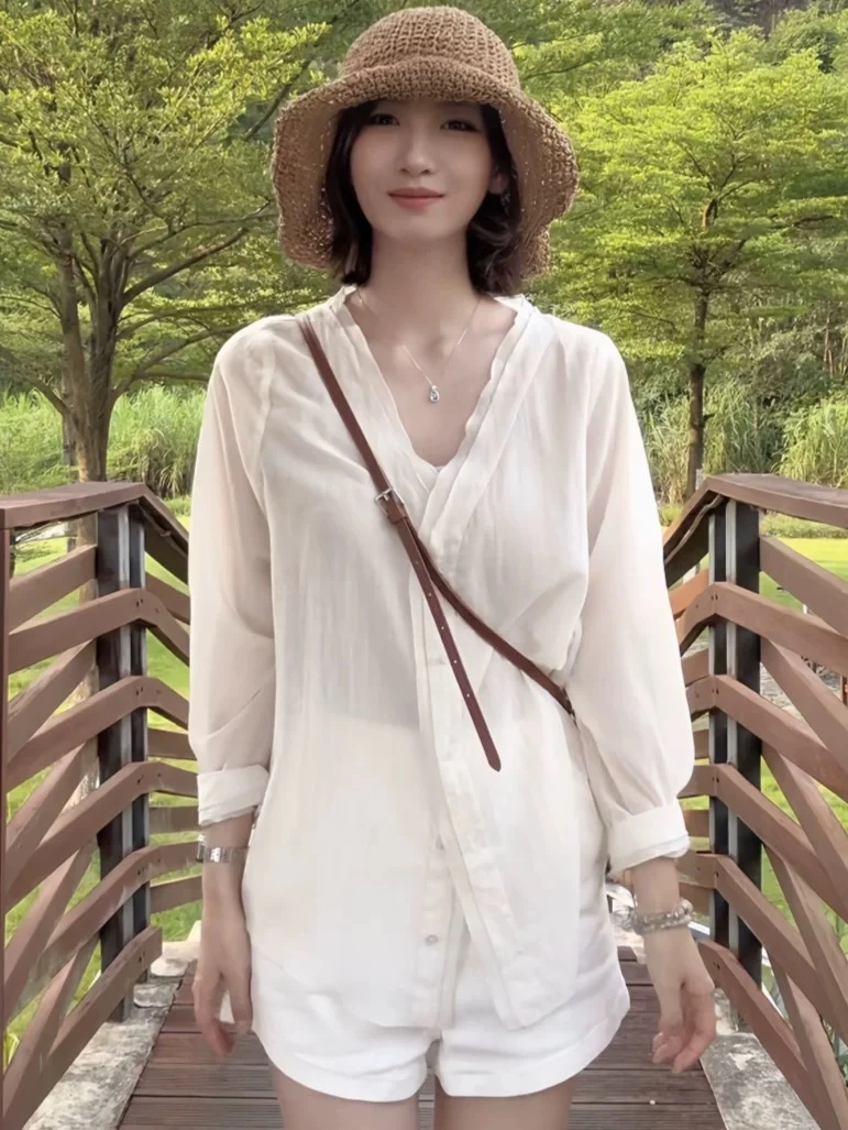 双层花边v领微透长袖衬衫女装2025新款夏季宽松显瘦气质防晒上衣