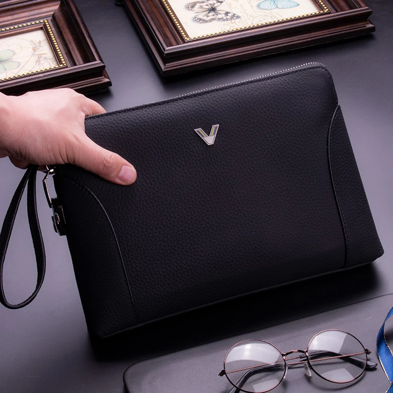 真皮手抓包男密码锁男士手拿包男款休闲夹包头层牛皮大容量手拎包