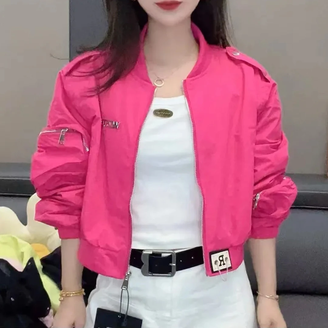 洋气短款外套女新款长袖立领纯色小标拉链设计时尚休闲宽松上衣