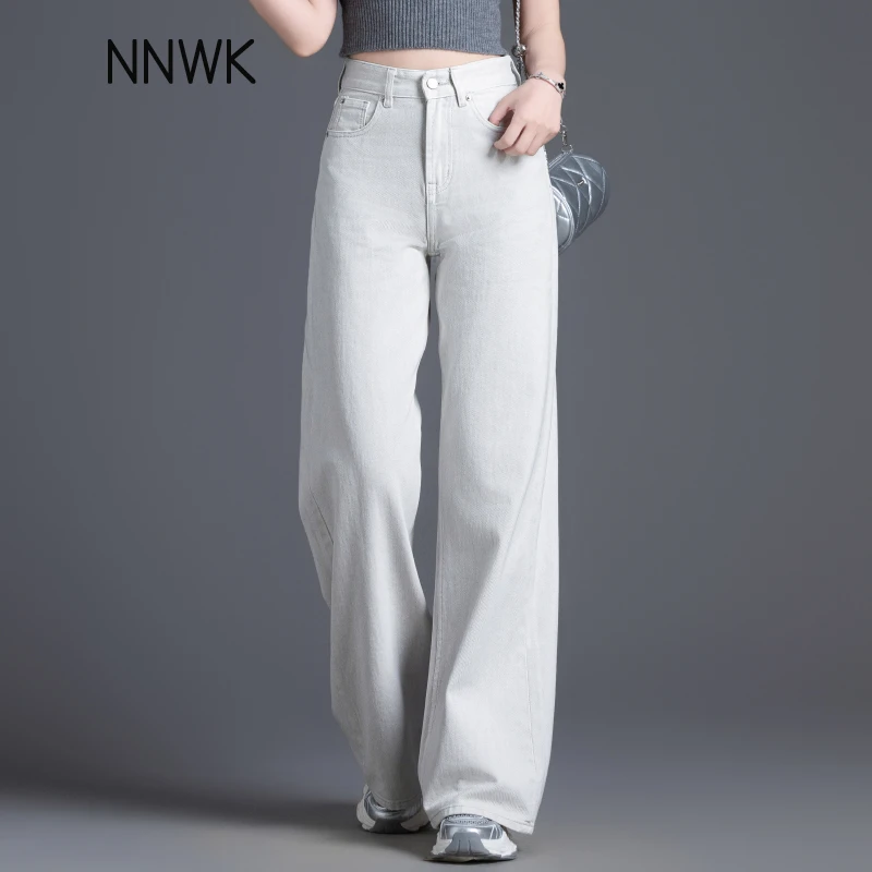 百搭显瘦裤子女2025春秋季新款浅灰色高腰牛仔裤女窄版直筒阔腿裤