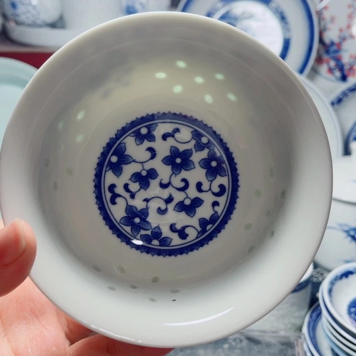 青花玲珑5寸饭碗紫荆花无花