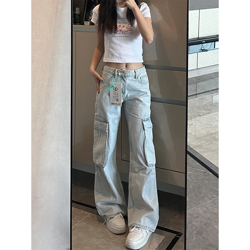 复古浅色牛仔工装裤女美式辣妹低腰大口袋宽松阔腿显瘦直筒长裤子