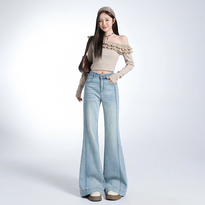 2025春款浅色微喇牛仔裤美式设计高弹高腰遮肉显瘦百搭不贴腿长裤