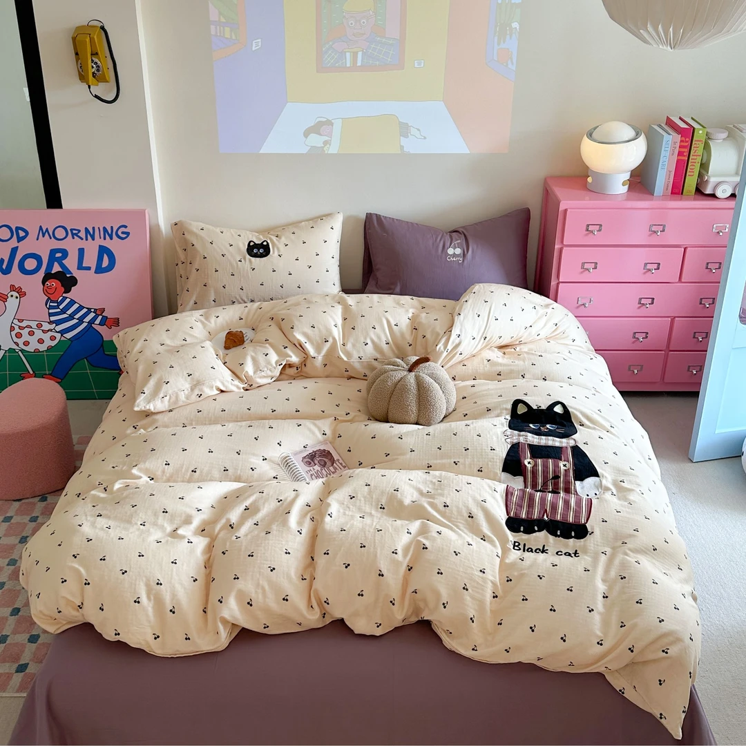 特！小玲子 小黑猫系列 全棉双层纱A类刺绣工艺款三件套四件套