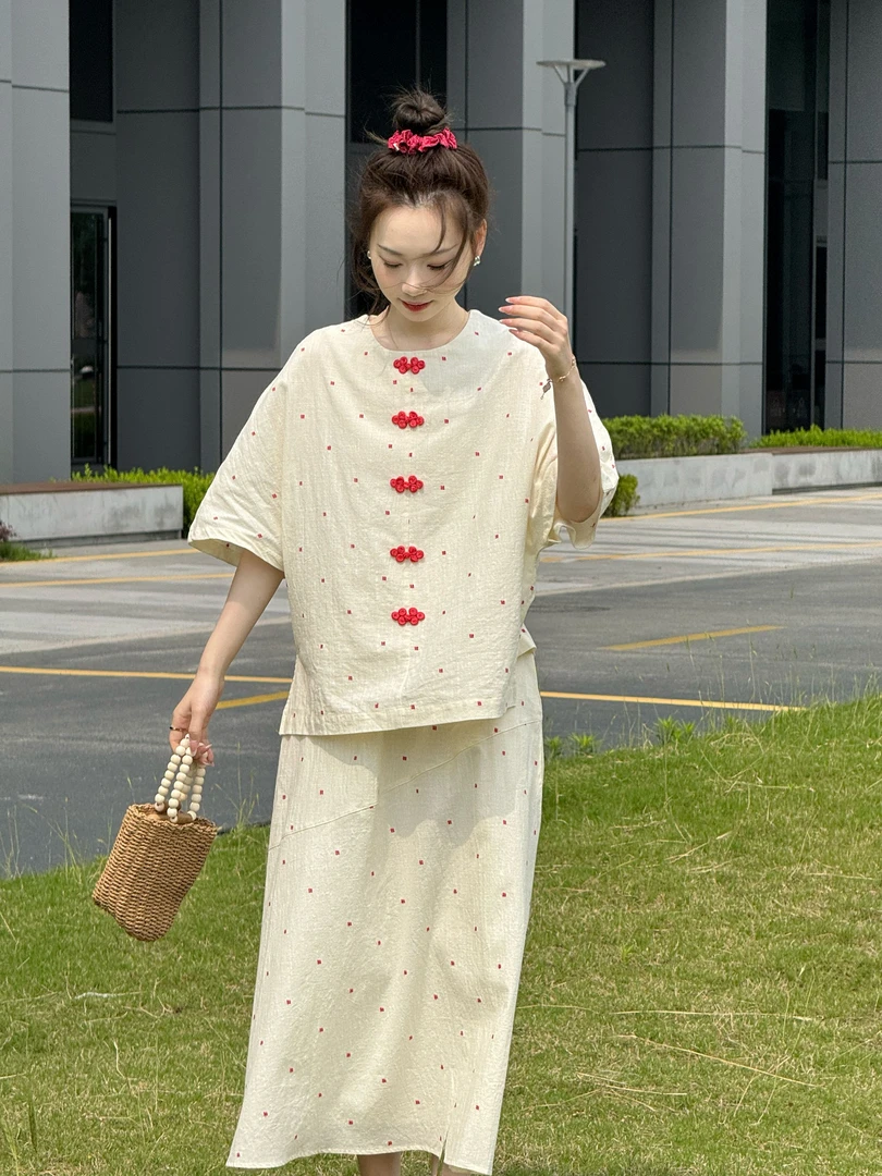 设计师原创中国风氛围感新中式森系时尚套装裙子圆领上衣半身裙